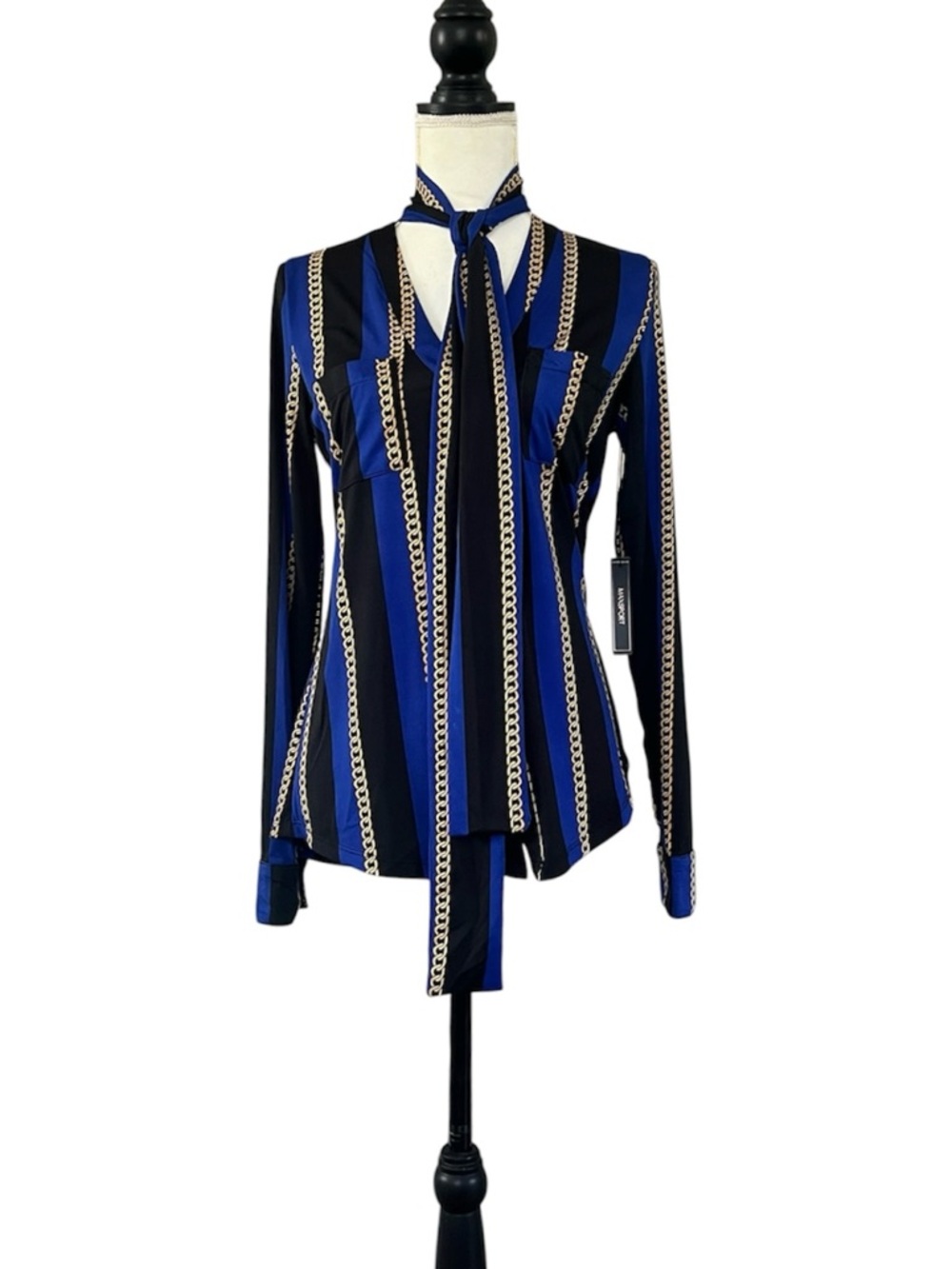 NWT MaxSport Chain Print Pattern Neck Tie Long Sleeve Cobalt Blouse Size Medium - Picture 3 of 13